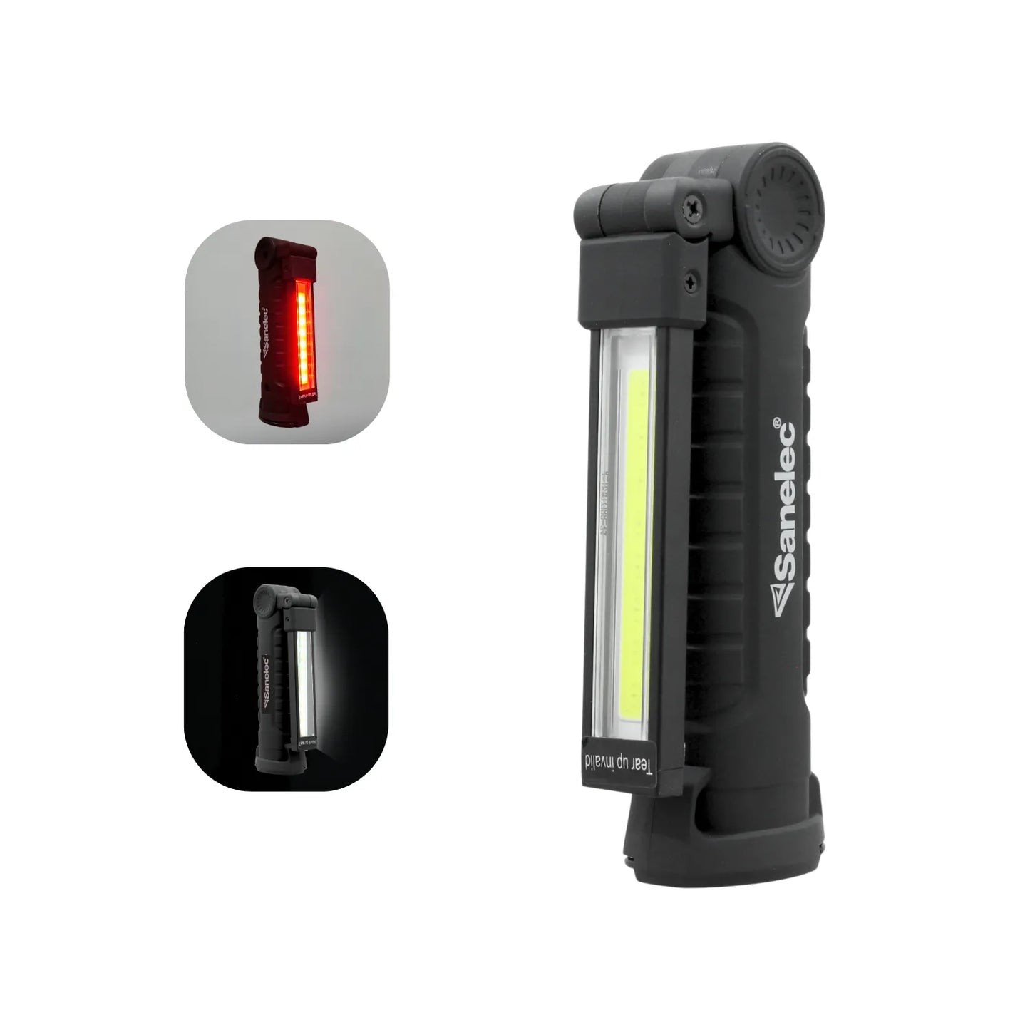 Linterna de trabajo LED plegable Sanelec negra con luz COB blanca y luz de emergencia roja, ideal para taller mecánico