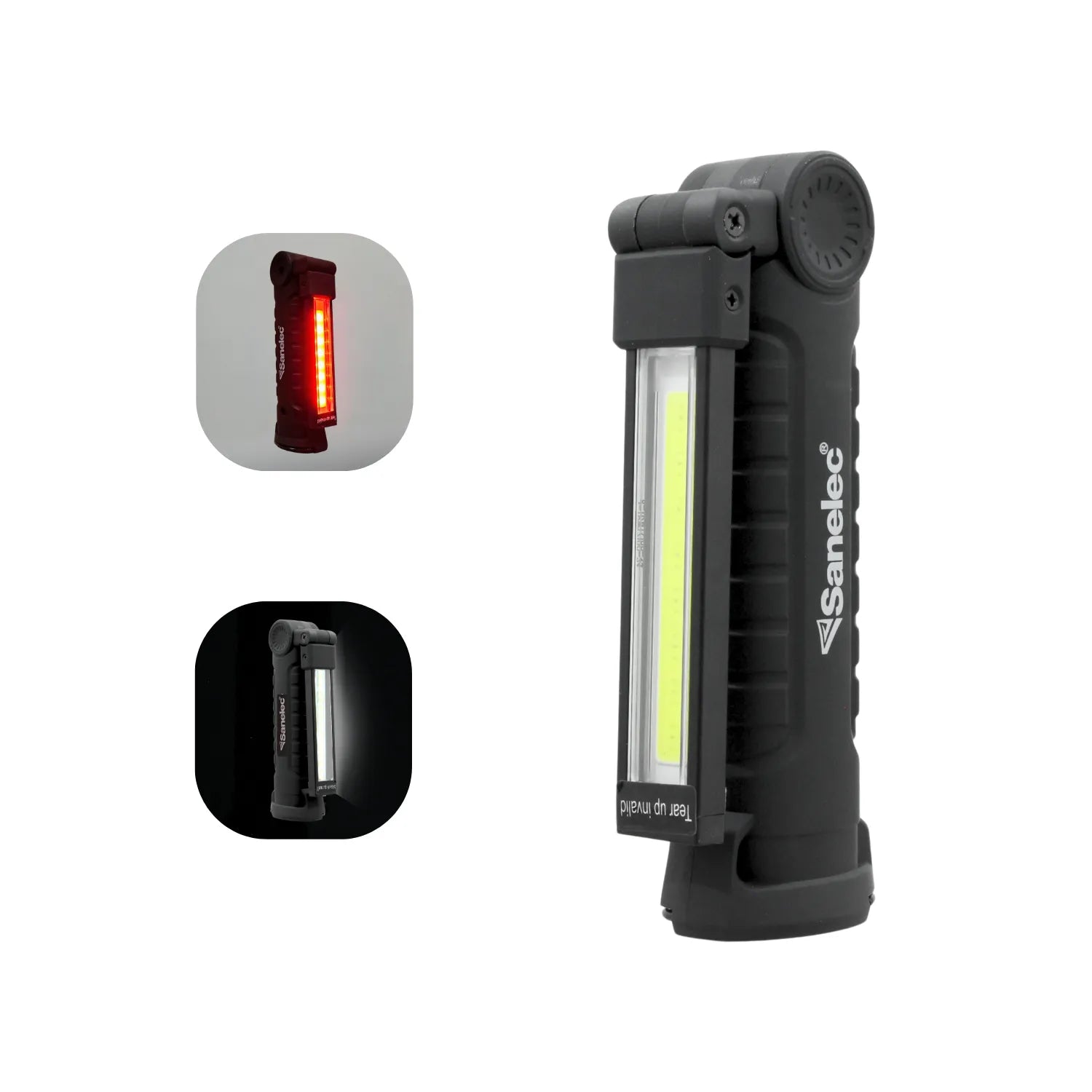 Linterna de trabajo LED plegable Sanelec negra con luz COB blanca y luz de emergencia roja, ideal para taller mecánico