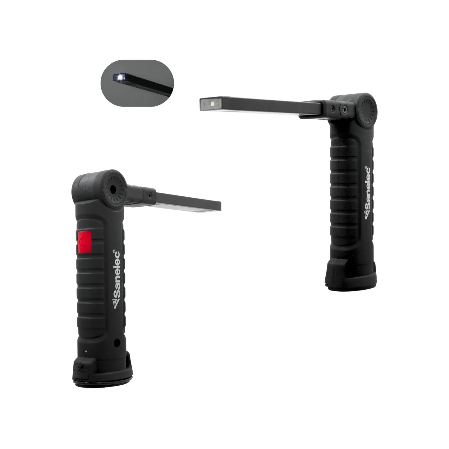 Sanelec linterna LED de trabajo negra recargable, brazo ajustable con luz de tira y foco, base magnética.