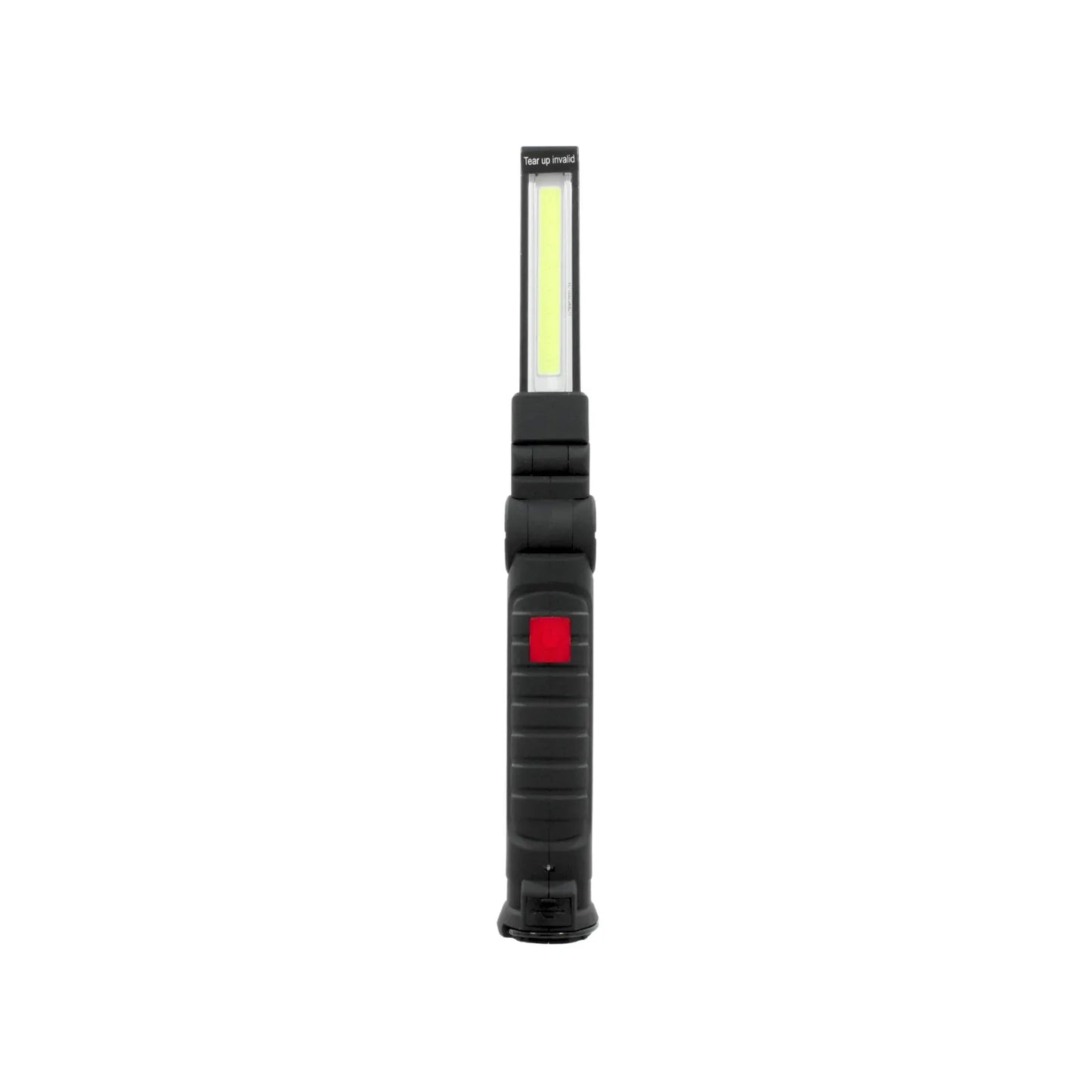 Linterna de trabajo LED portátil recargable negra con luz COB y botón rojo para taller mecánico