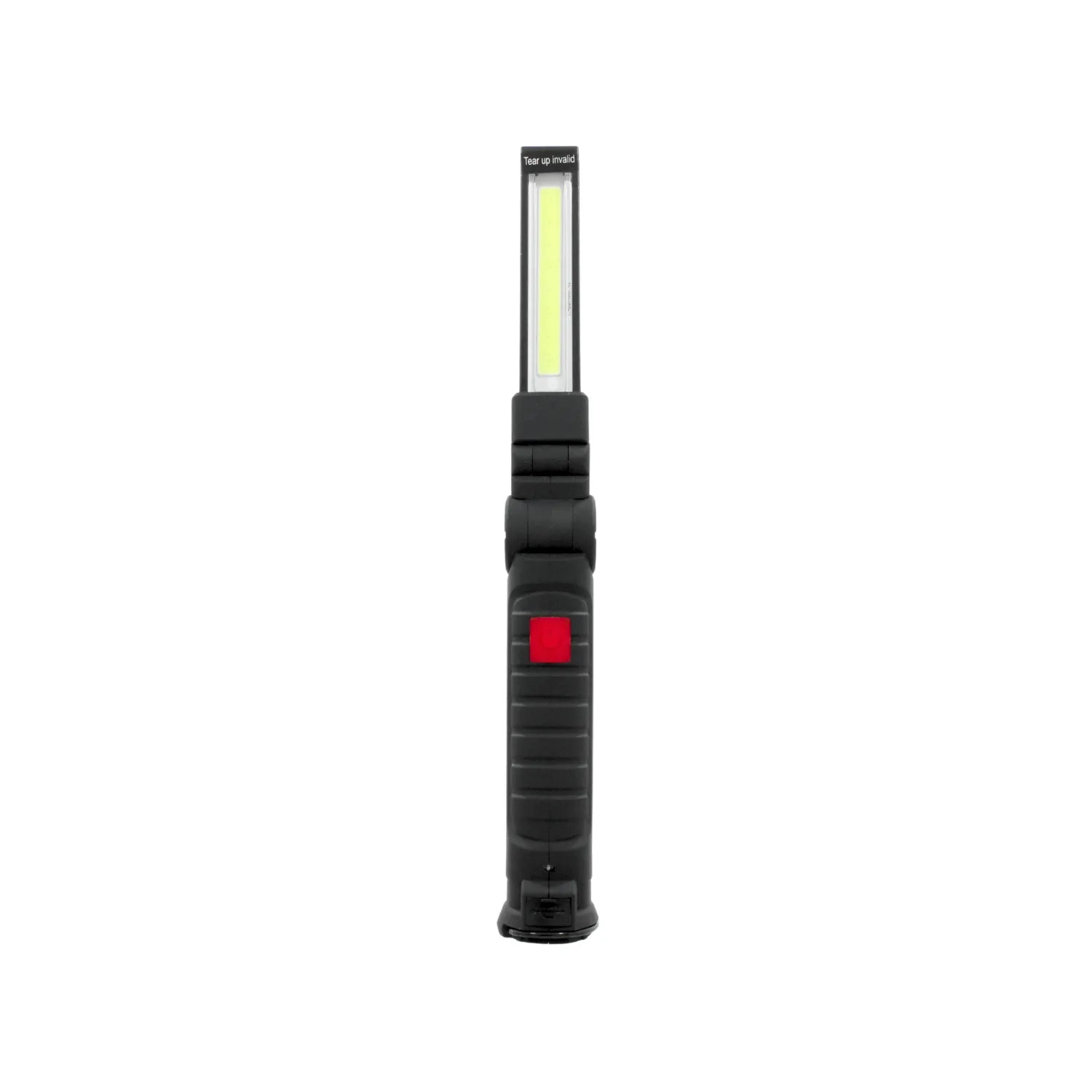Linterna de trabajo LED portátil recargable negra con luz COB y botón rojo para taller mecánico