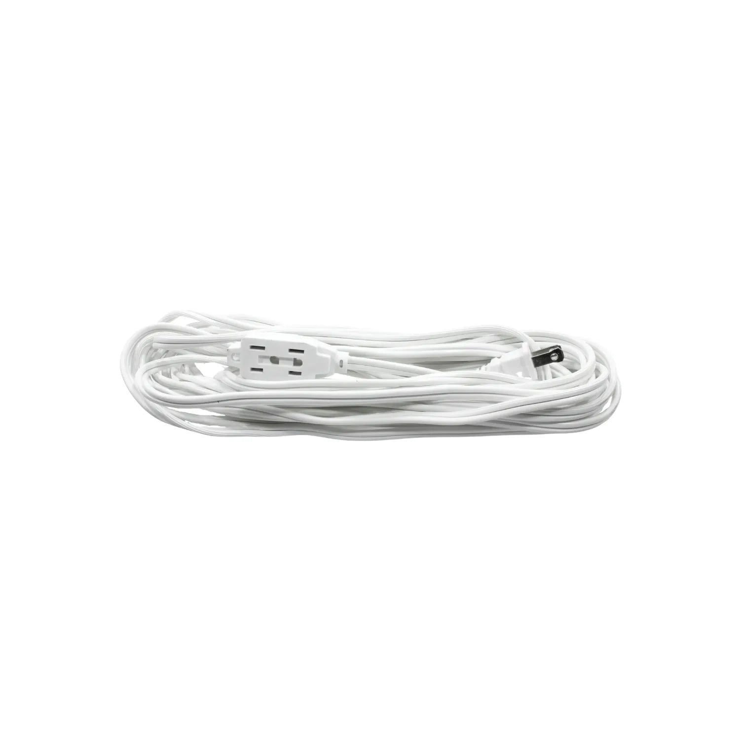 Cable de extensión blanco enrollado con 3 tomas polarizadas y enchufe de 2 clavijas para interiores.