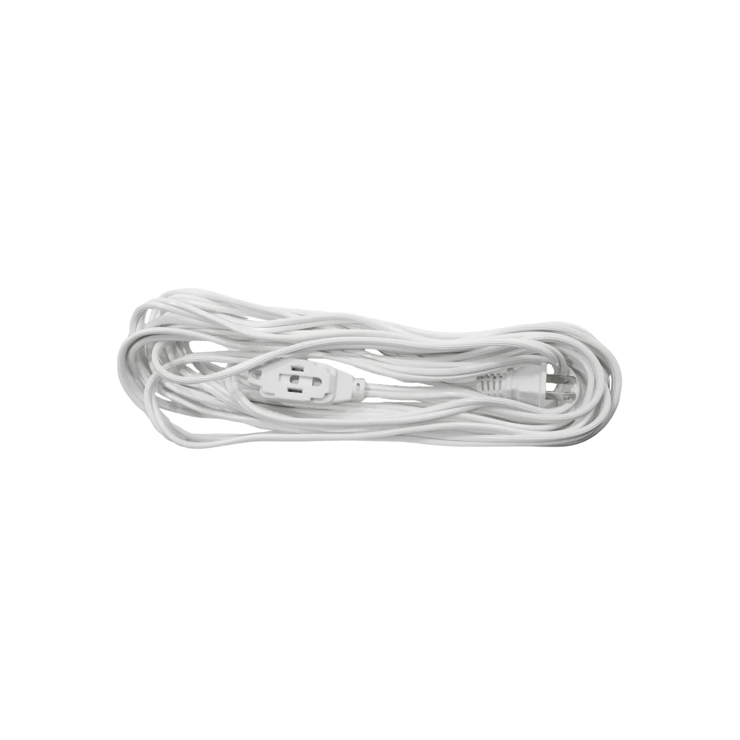Cable de extensión eléctrico blanco enrollado con 3 tomas, ideal para equipos del hogar y oficina.