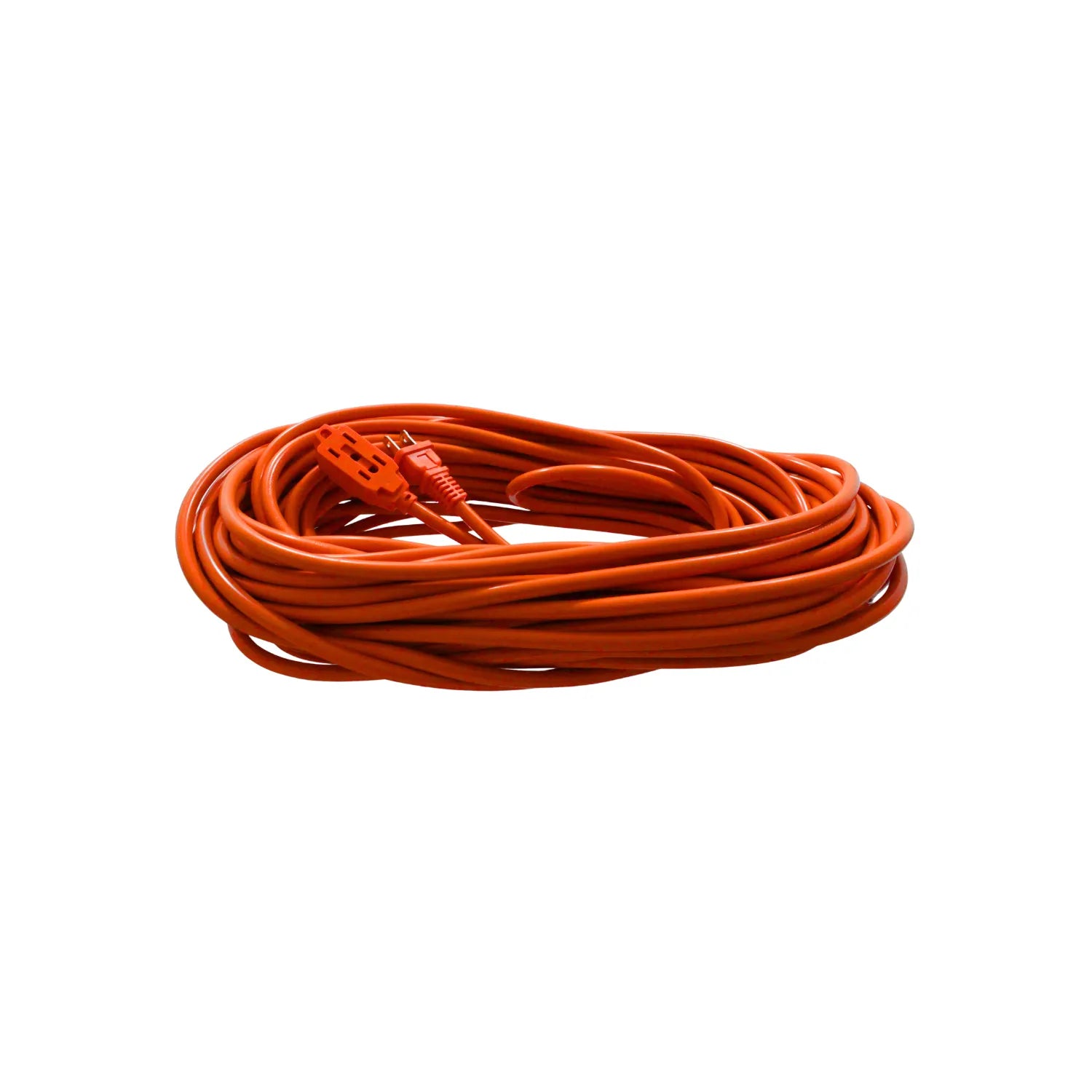 Cable de extensión eléctrico naranja enrollado, uso rudo, ideal para exteriores y herramientas eléctricas