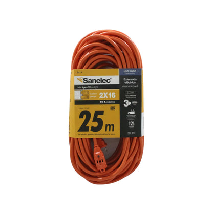 Extensión eléctrica Sanelec naranja 25m, calibre 2X16, uso rudo 10A, con 3 contactos polarizados.