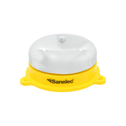 Timbre campana industrial Sanelec con base amarilla y cúpula plateada brillante para mostrador o servicio