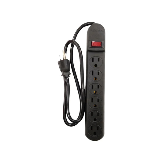 Fabricado en ABS,Luz indicadora de encendido.,Barra con supresor de picos (protege hasta 110 joules).,Multicontacto negro de 5 entradas con cable de 90 cm