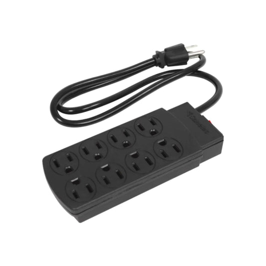 Fabricado en ABS,Luz indicadora de encendido.,Barra con supresor de picos (protege hasta 270 joules).,Multicontacto negro de 8 entradas.,Cable reforzado de 60 cm 3x14 AWG,125 V,60 Hz,15 A,1 875 W,40 °C – 45 °C,Apagador con protección termomagnética.