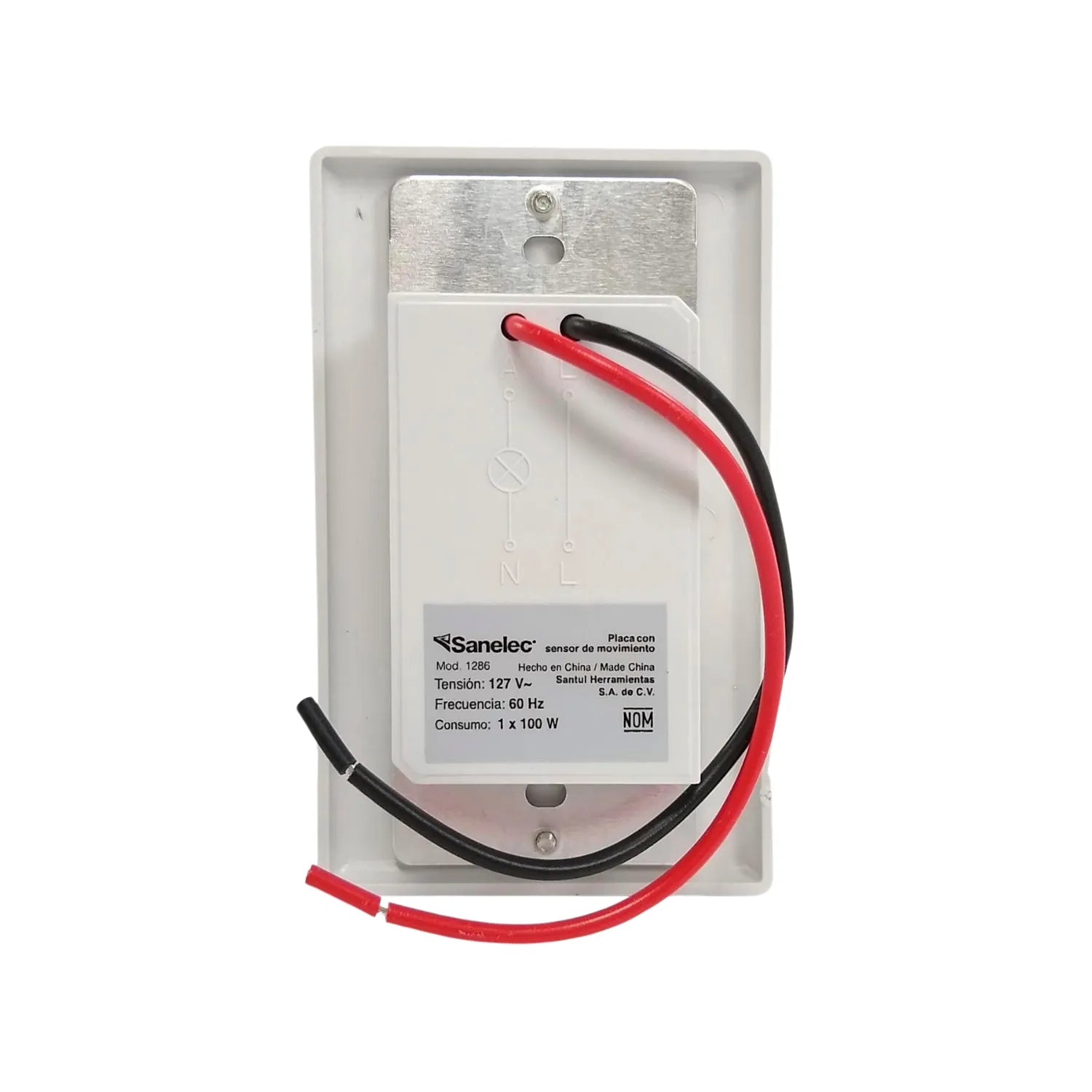 Placa con sensor de movimiento Sanelec 1286 blanca, con cableado eléctrico visible para 127V.