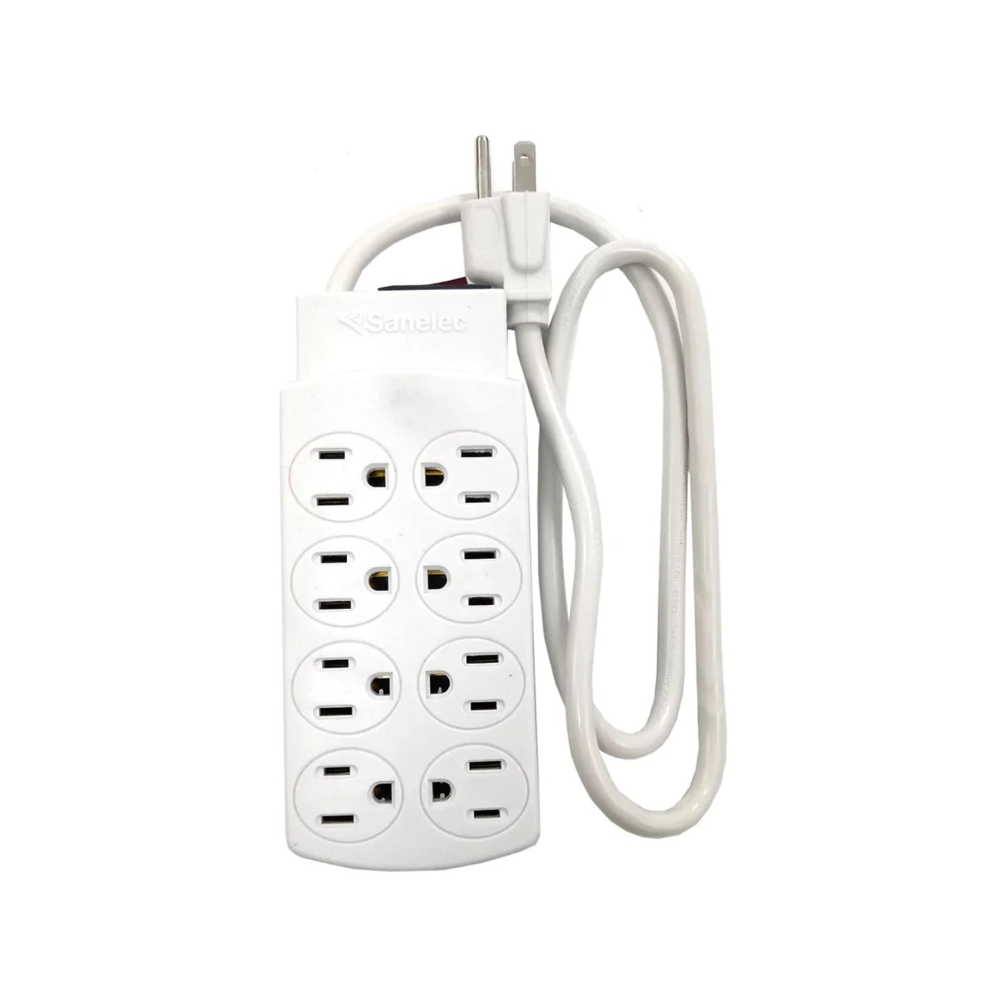 Multicontacto Sanelec blanco con 8 tomas de corriente y clavija de 3 puntas, ideal para extender conexiones eléctricas.