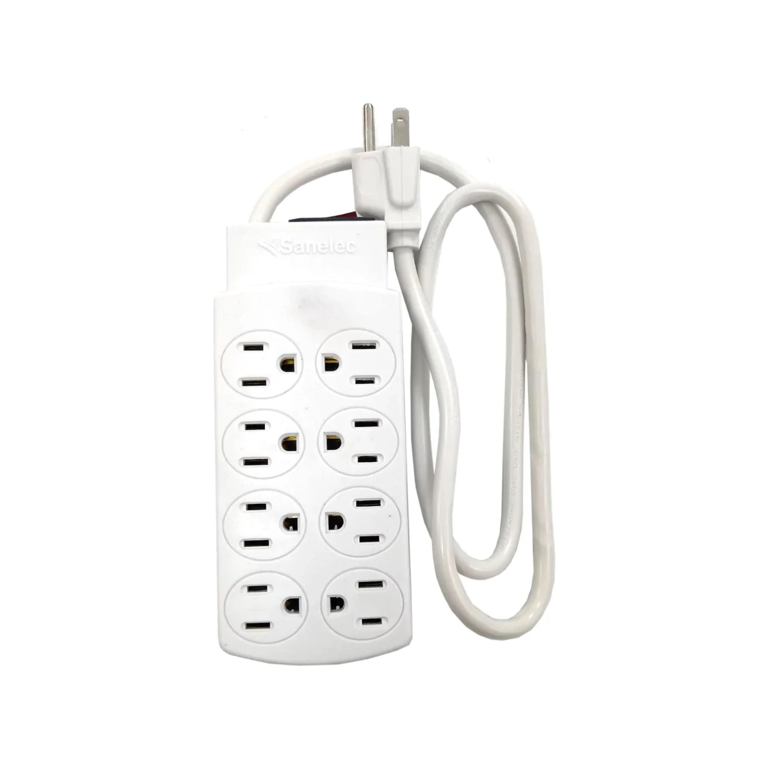Multicontacto Sanelec blanco con 8 tomas de corriente y clavija de 3 puntas, ideal para extender conexiones eléctricas.