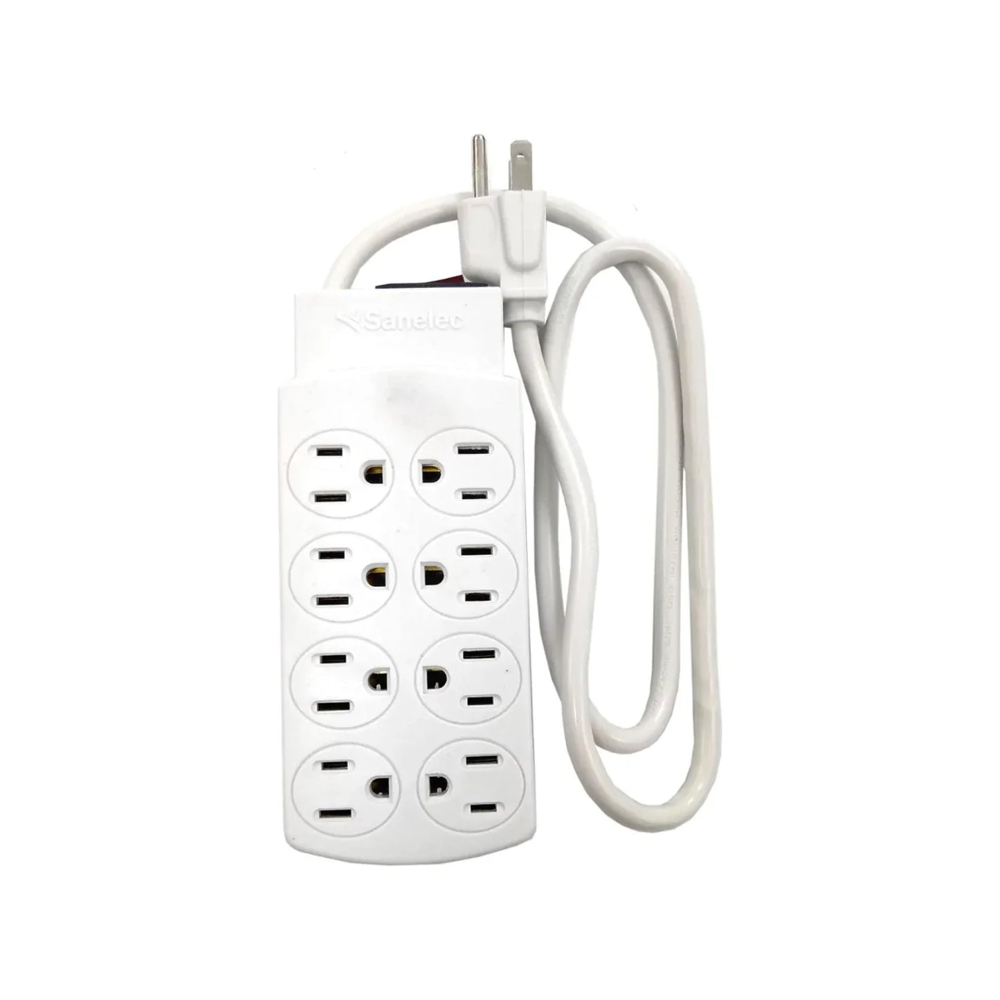 Fabricado en ABS,Luz indicadora de encendido.,Multicontacto con clavija y contactos aterrizados.,Multicontacto blanco de 8 entradas con cable de 90 cm