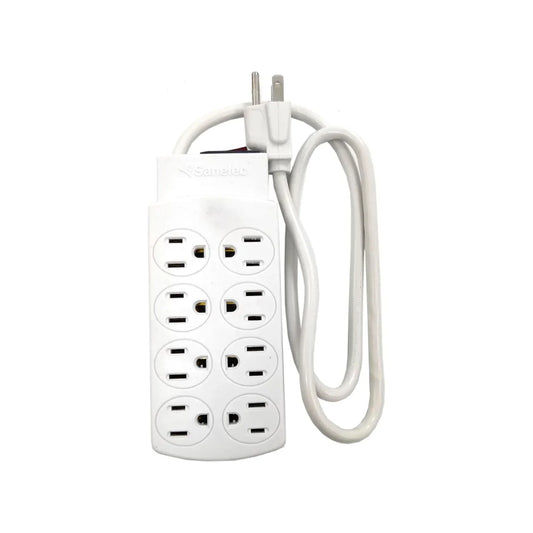 Fabricado en ABS,Luz indicadora de encendido.,Multicontacto con clavija y contactos aterrizados.,Multicontacto blanco de 8 entradas con cable de 90 cm