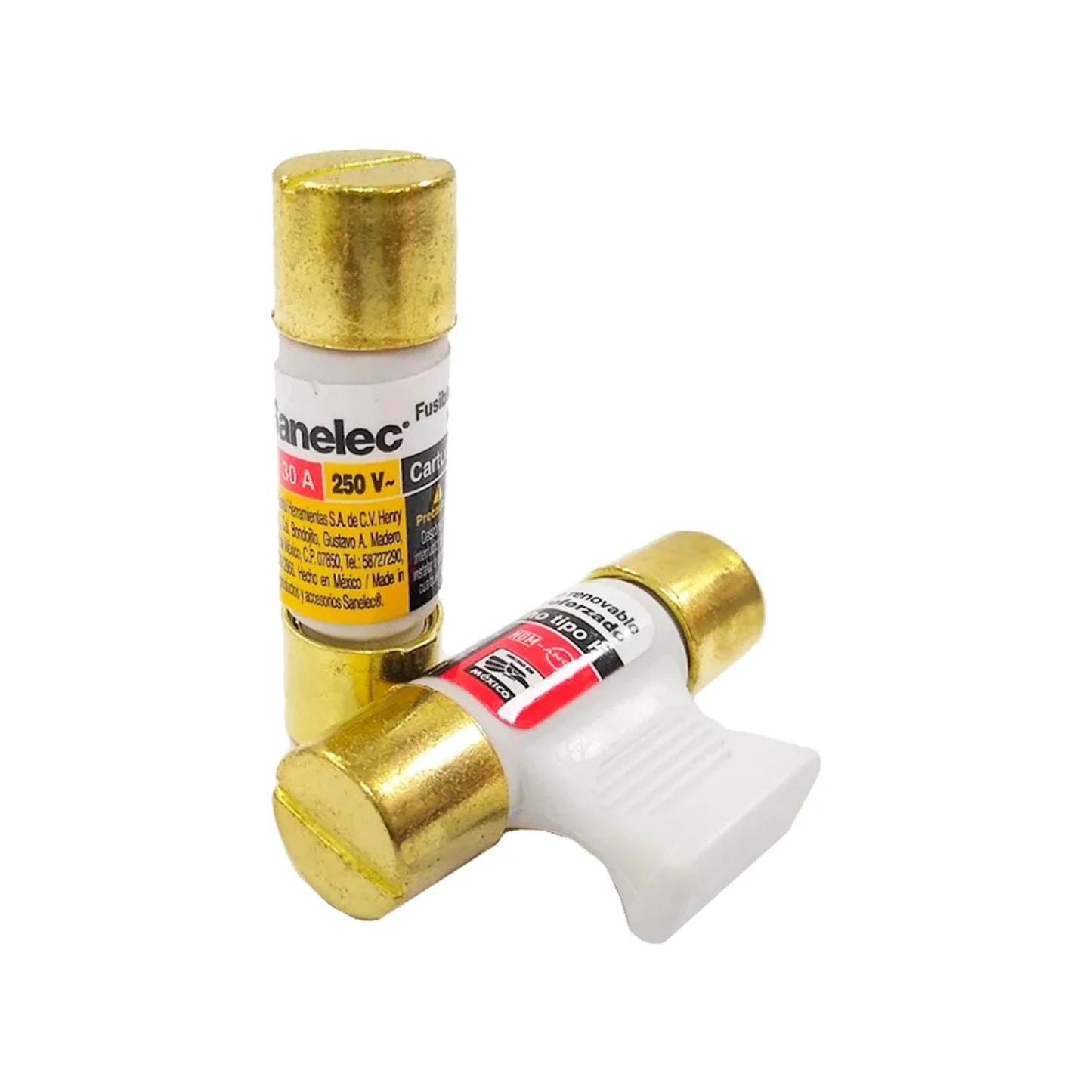 Dos fusibles Sanelec 30A 250V tipo cartucho blancos con tapas doradas, uno con agarradera para extracción.