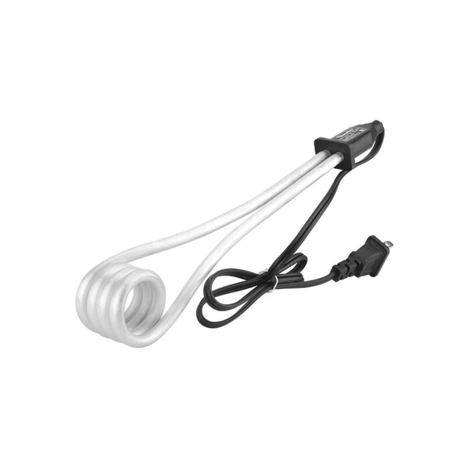Calentador de inmersión portátil para líquidos con resistencia en espiral metálica y cable eléctrico negro.