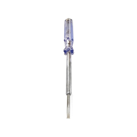 Probador de corriente tipo desarmador plano con mango transparente, herramienta para pruebas eléctricas seguras.