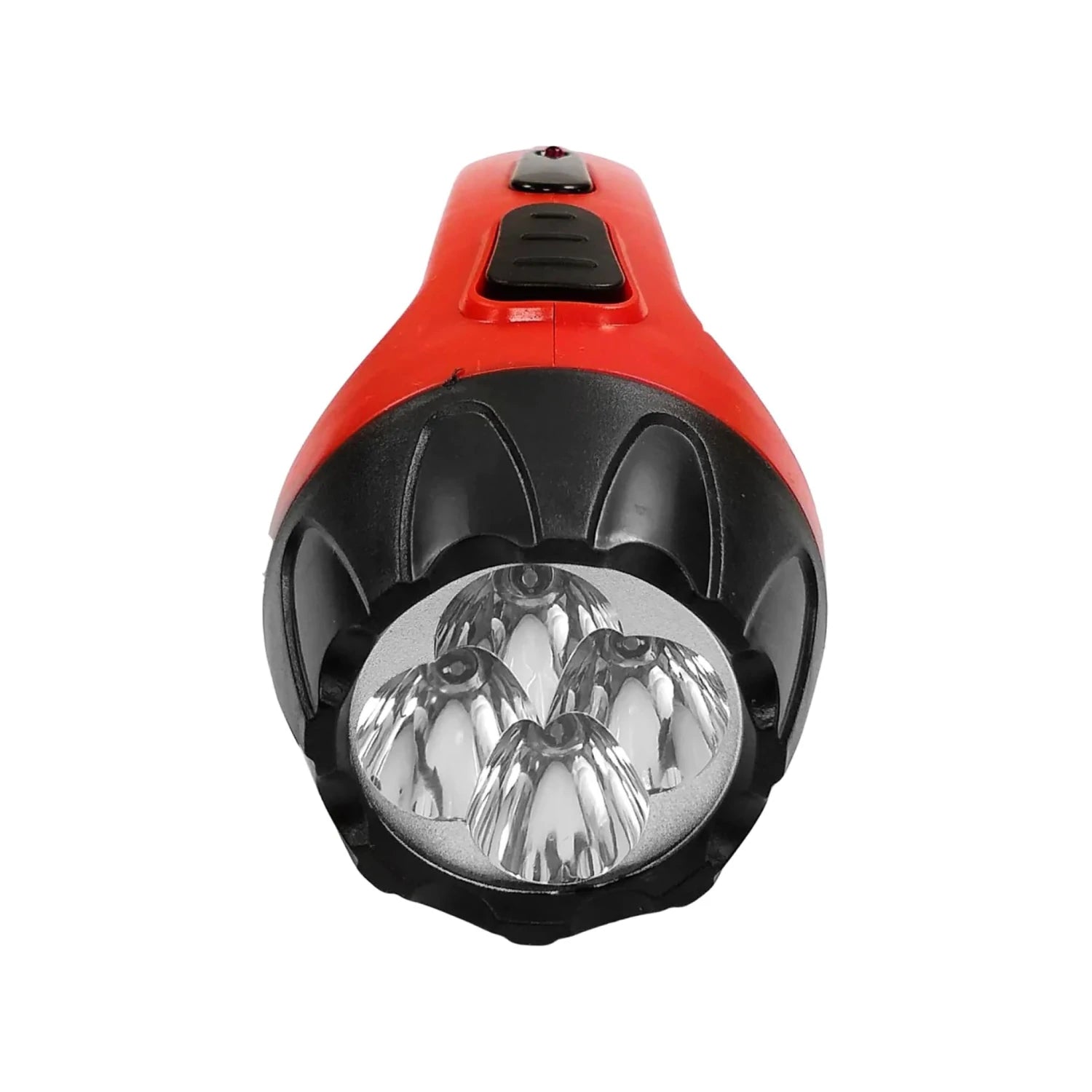 Linterna recargable bicolor rojo y negro con 4 LEDs frontales, para trabajo o emergencias.