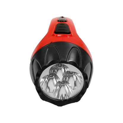 Linterna recargable bicolor rojo y negro con 4 LEDs frontales, para trabajo o emergencias.