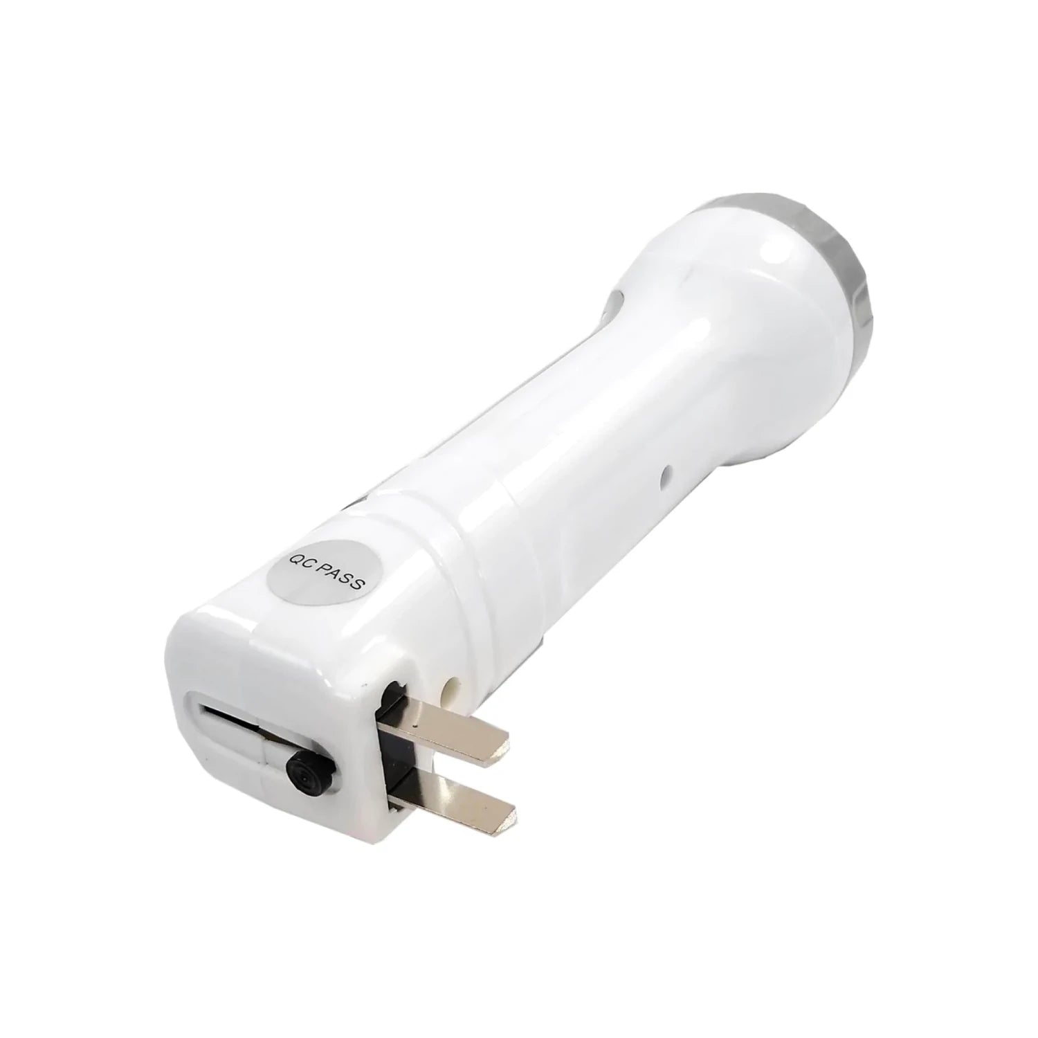 Linterna recargable LED blanca, compacta con clavija plegable integrada para el hogar.