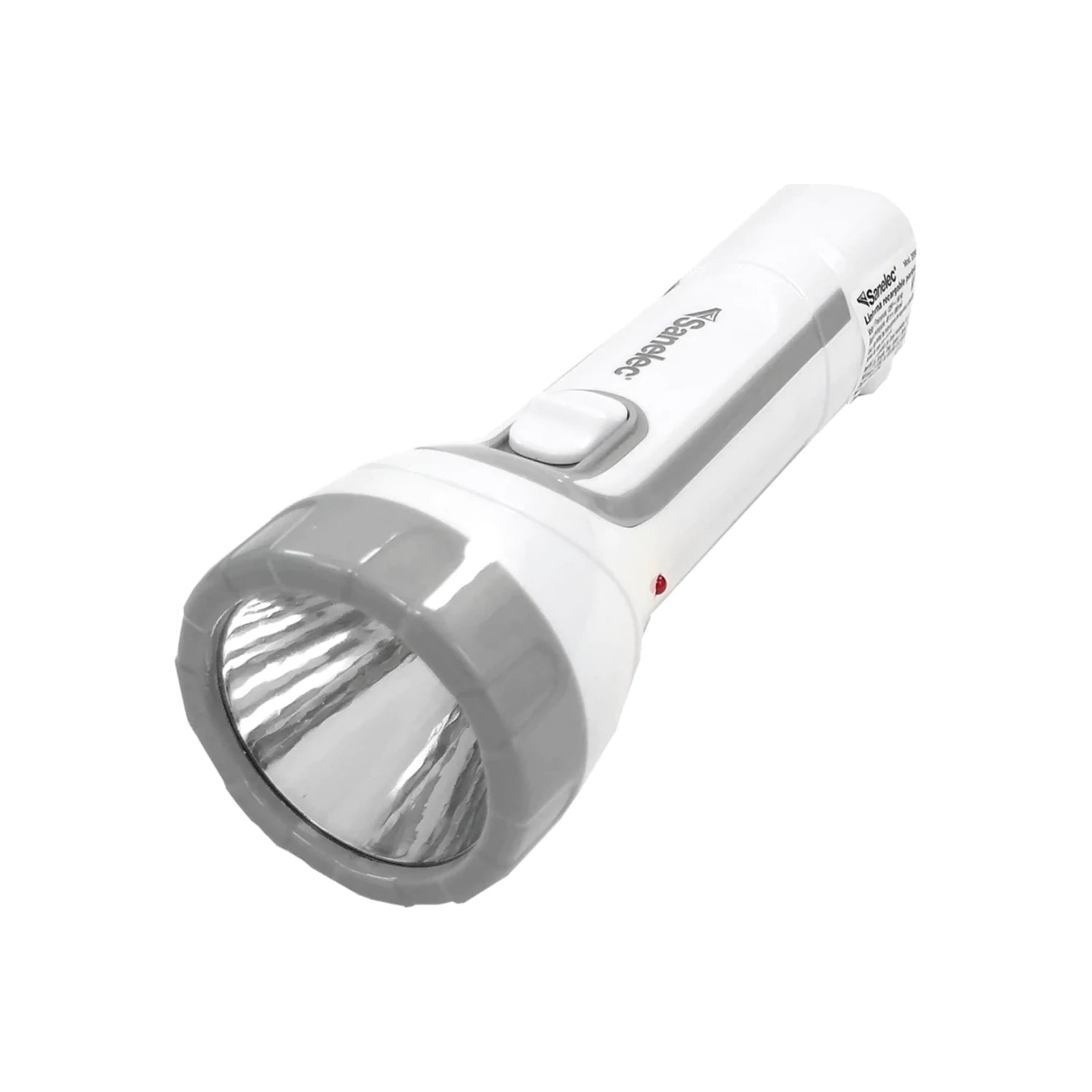 Linterna recargable manual Sanelec, 1 súper LED, compacta blanca y gris para hogar o emergencias