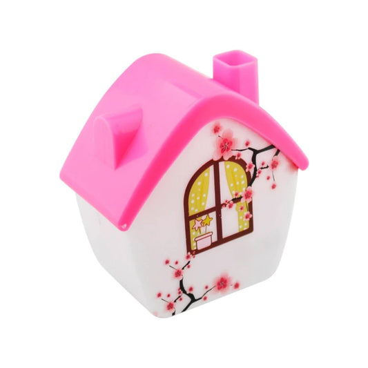 Lámpara de noche LED decorativa casita blanca con techo rosa, ventana y flores de cerezo