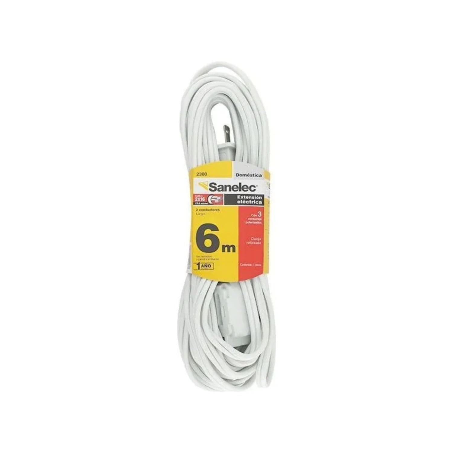 Extensión eléctrica Sanelec blanca de 6 metros, 3 contactos polarizados, calibre 2x16 AWG