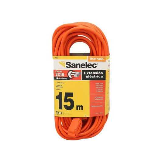 Calibre: 2x16,Tensión: 127 V,Consumo: 1625 W,Largo: 15 m,Capacidad máxima: 10 A,Extensión uso rudo.