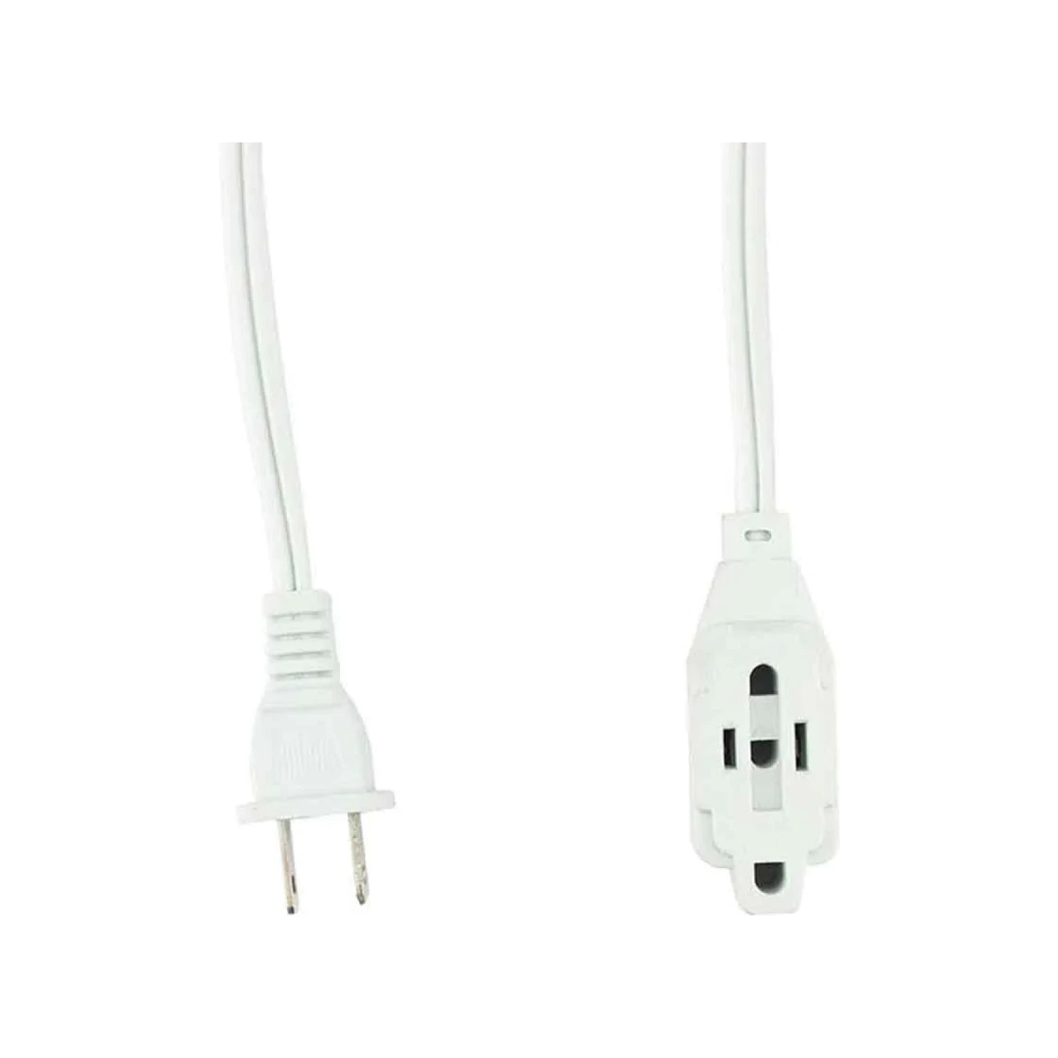 Extensión eléctrica blanca con enchufe de 2 clavijas y 3 tomas de corriente, ideal para el hogar u oficina.