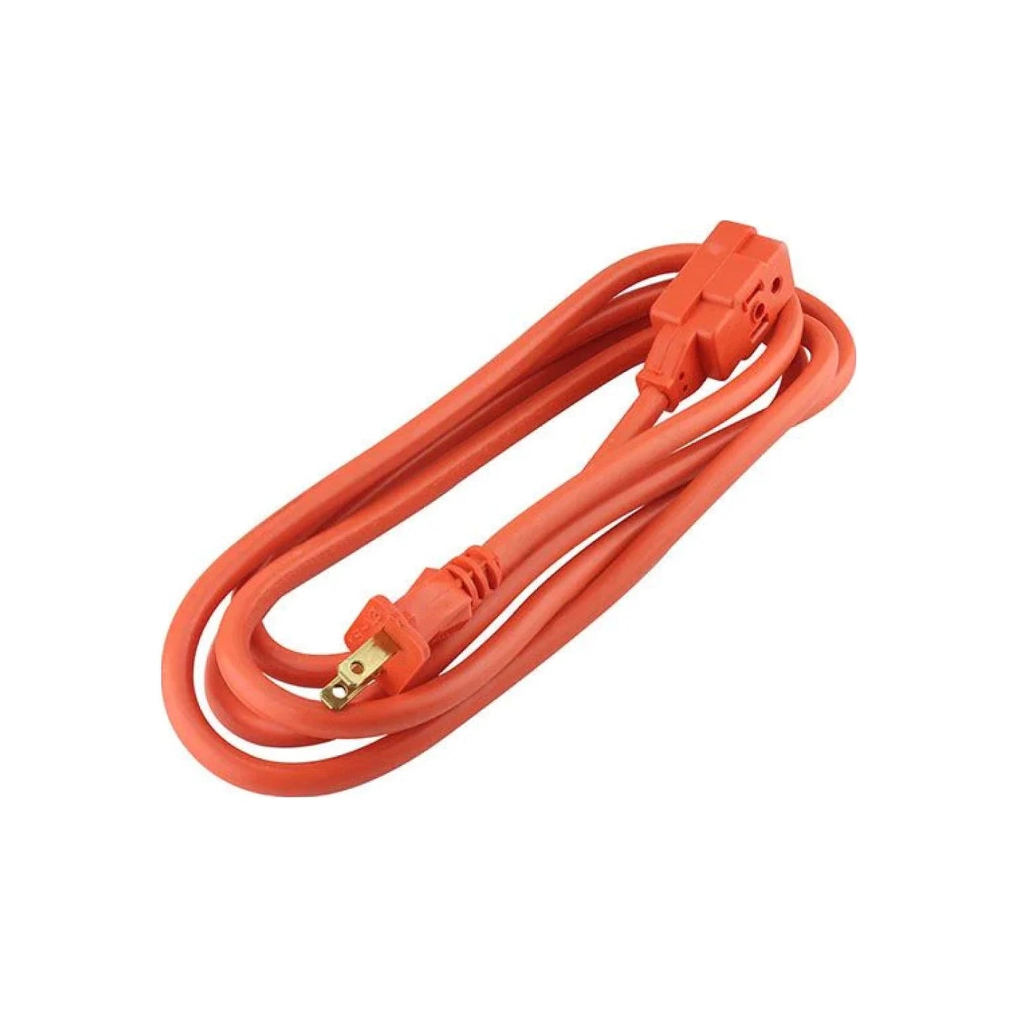 Extensión eléctrica de uso rudo naranja, con enchufe macho y triple salida hembra para herramientas y jardín