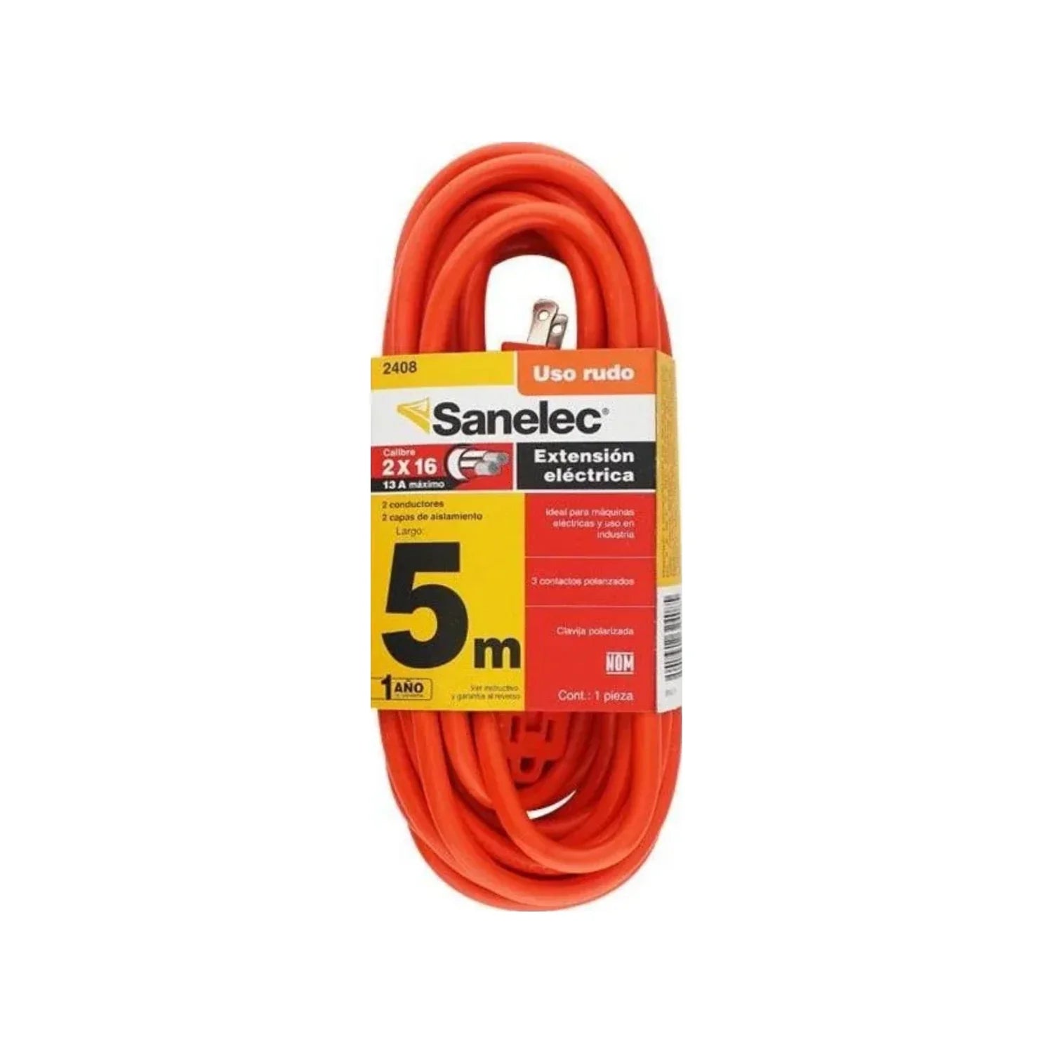 Calibre: 2x16,Tensión: 127 V,Consumo: 1250 W,Largo: 5m.,Capacidad máxima: 10 A,Extensión uso rudo.