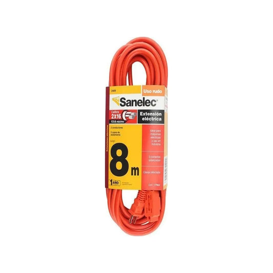 Calibre: 2x16,Tensión: 127 V,Consumo: 1250 W,Largo: 8m.,Capacidad máxima: 10 AMP,Extensión uso rudo.