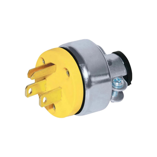 Clavija industrial aterrizada 3 polos, uso rudo, cuerpo metálico y plástico amarillo para conexiones eléctricas.