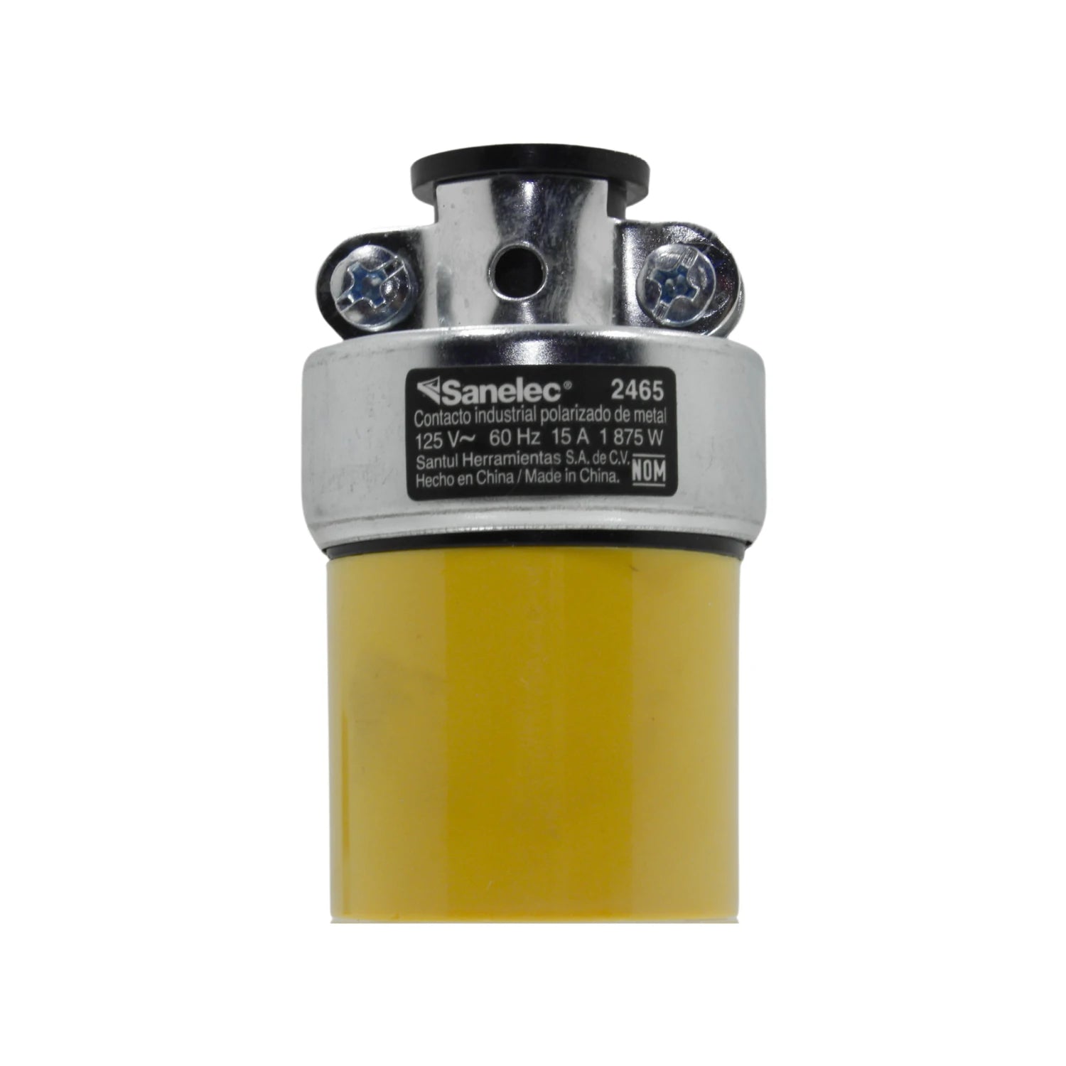 Contacto industrial polarizado Sanelec 2465 de metal, 125V 15A, base amarilla, para uso pesado