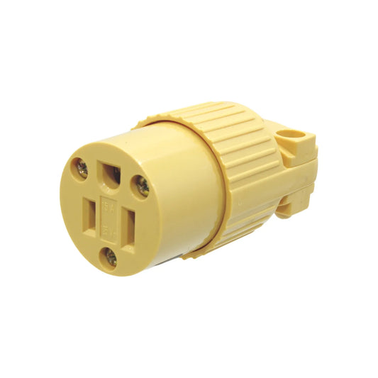 Fabricada en ABS,Contacto aterrizado.,Tensión 127 V - corriente 15 a - frecuencia 60 Hz,Contacto amarillo.
