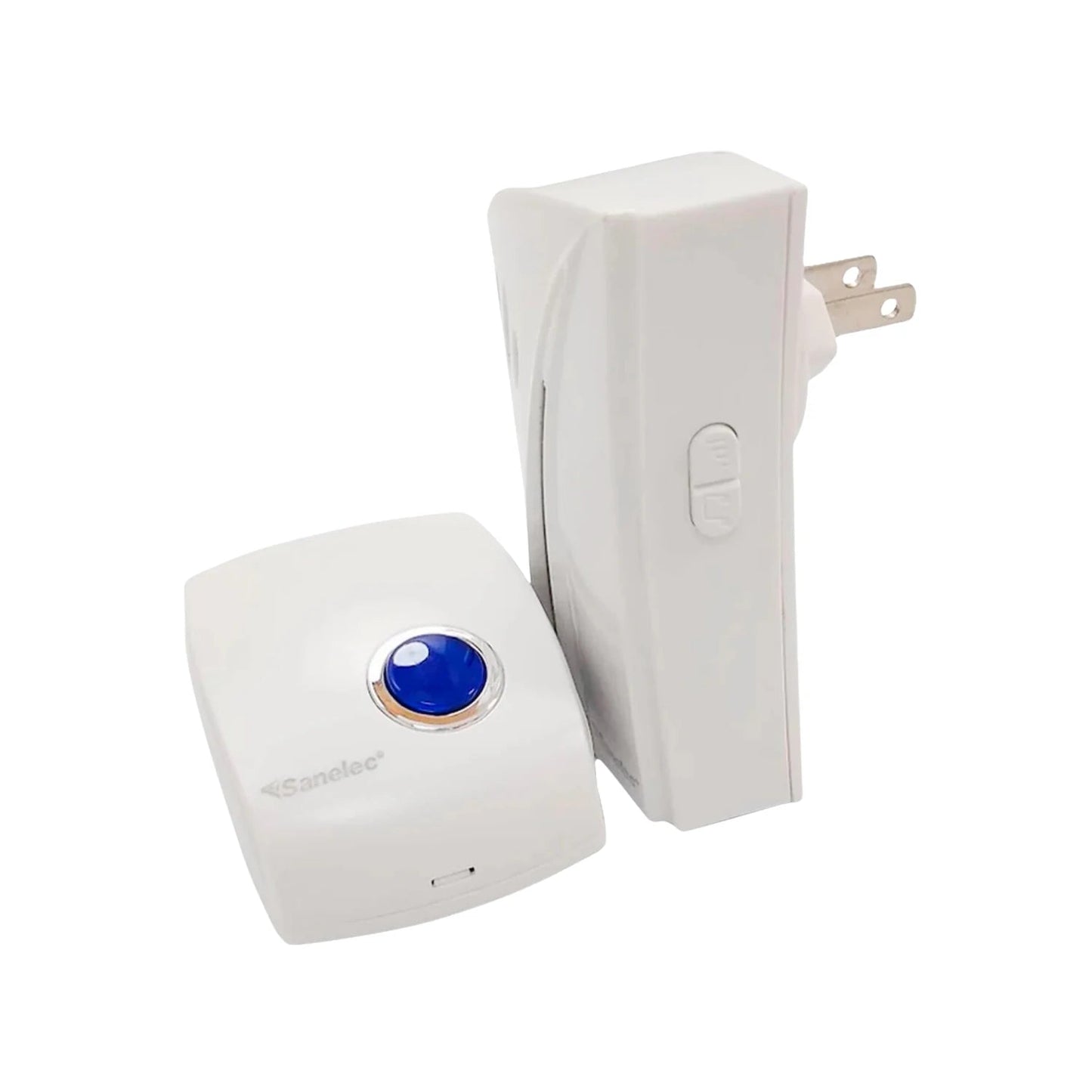 Timbre inalámbrico Sanelec, receptor de clavija para enchufe y pulsador con botón azul.