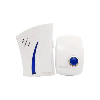 Timbre inalámbrico Sanelec blanco con botón y luz azul. Kit de receptor y pulsador para puerta.
