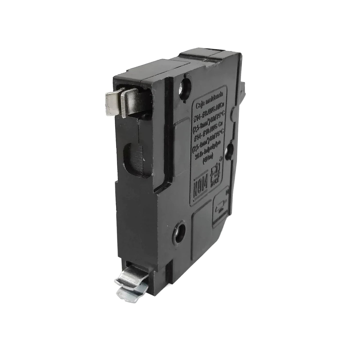 Interruptor termomagnético unipolar negro NOM con terminales para cableado eléctrico y especificaciones.