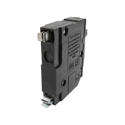 Interruptor termomagnético unipolar negro NOM con terminales para cableado eléctrico y especificaciones.