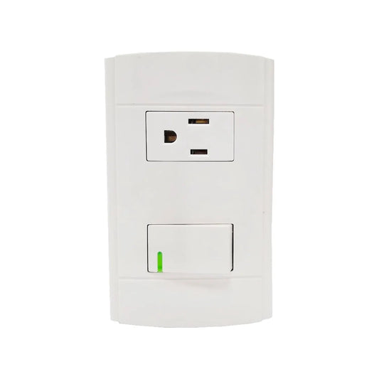 Placa de pared blanca con 1 contacto polarizado y 1 interruptor de luz con LED.