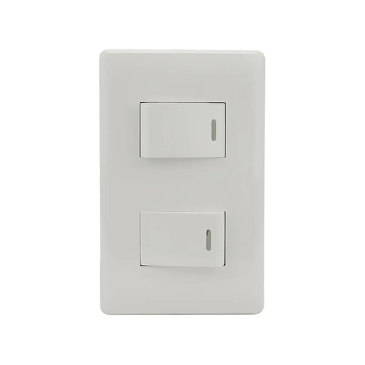 Interruptor doble de pared color blanco para control de iluminación interior con placa de instalación estándar