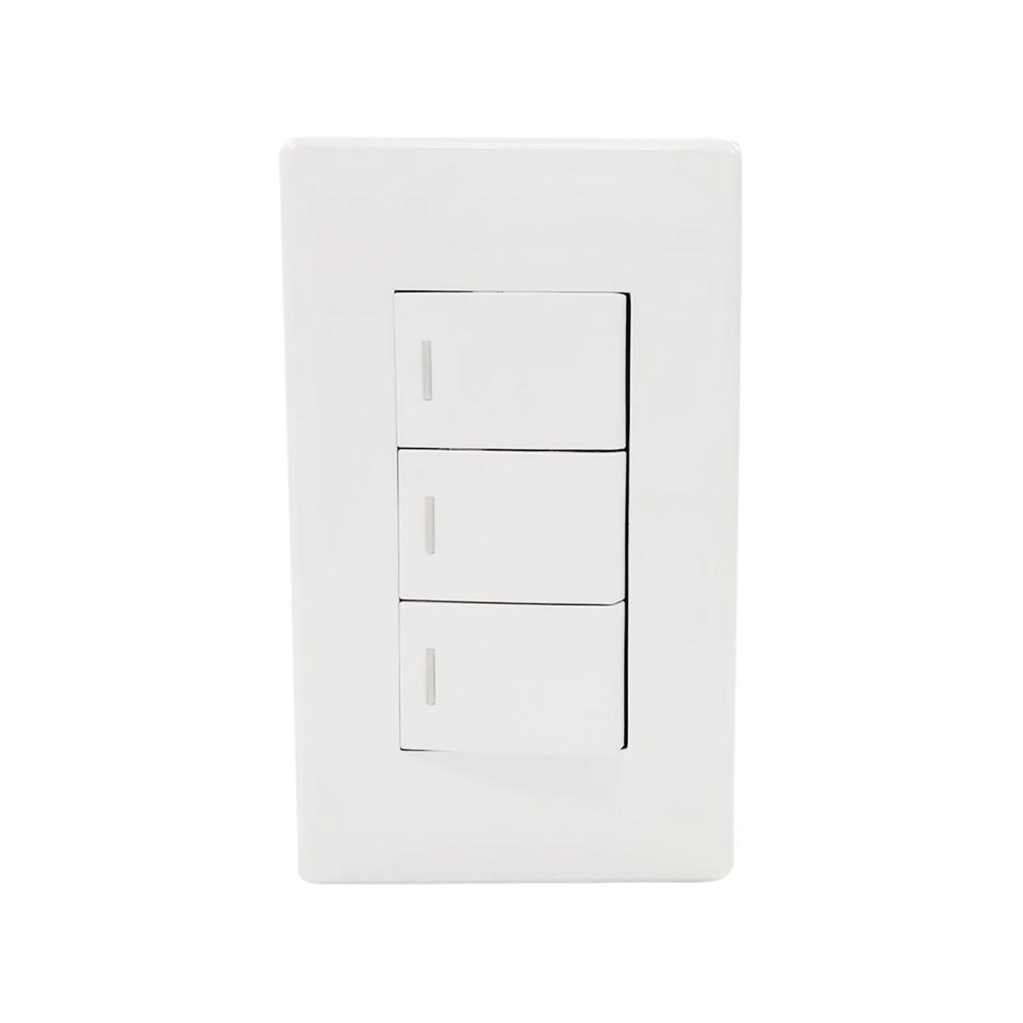 Fabricada de plástico ABS,Placa tres apagadores escalera.,127 V - 10 A - 60 Hz,Línea Italia de lujo.,NOM-003-SCFI-VIGENTE.