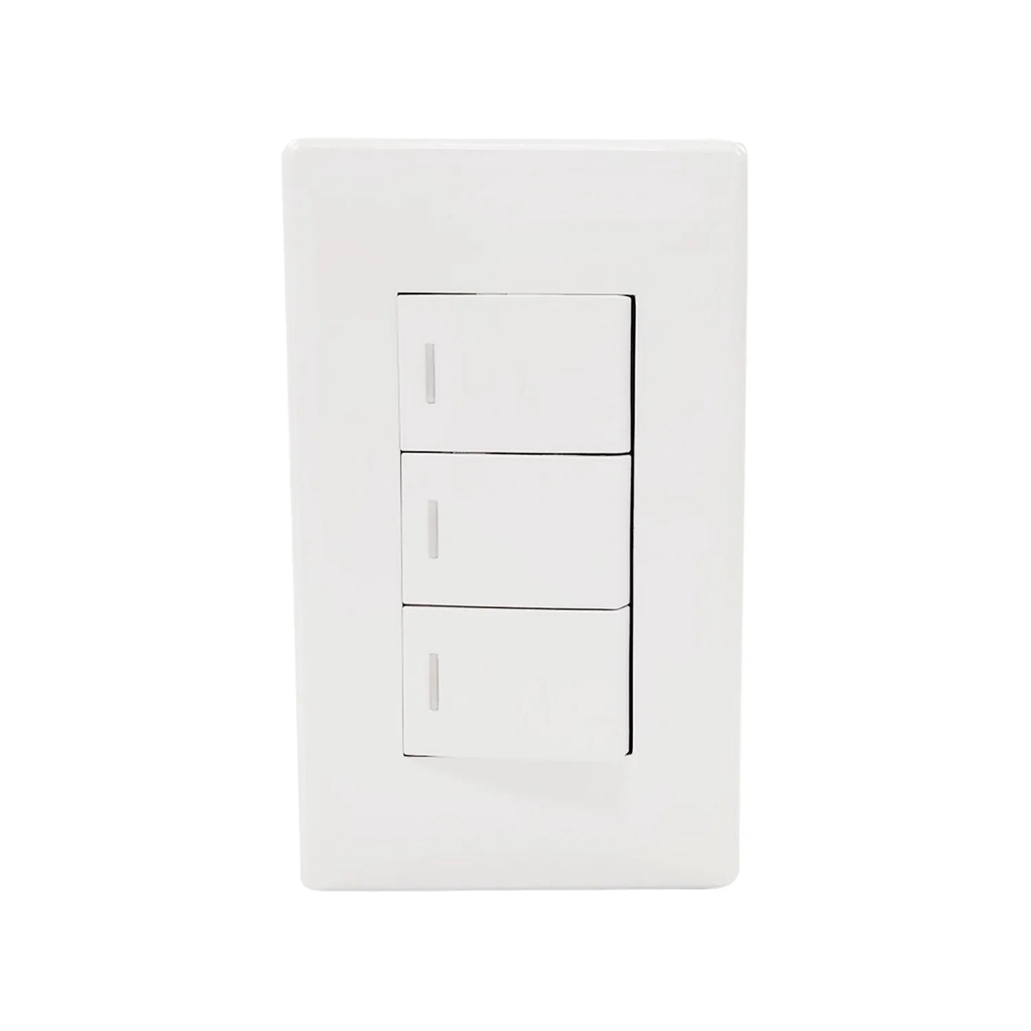 Fabricada de plástico ABS,Placa tres apagadores escalera.,127 V - 10 A - 60 Hz,Línea Italia de lujo.,NOM-003-SCFI-VIGENTE.
