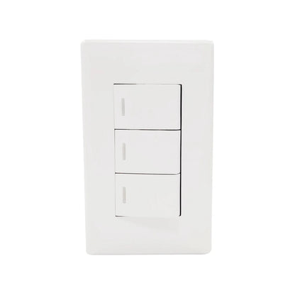 Fabricada de plástico ABS,Placa tres apagadores escalera.,127 V - 10 A - 60 Hz,Línea Italia de lujo.,NOM-003-SCFI-VIGENTE.