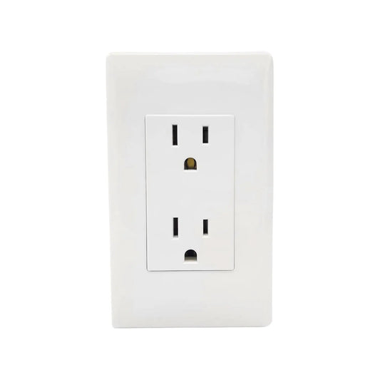Tomacorriente dúplex blanco para pared, contacto eléctrico doble de uso residencial.