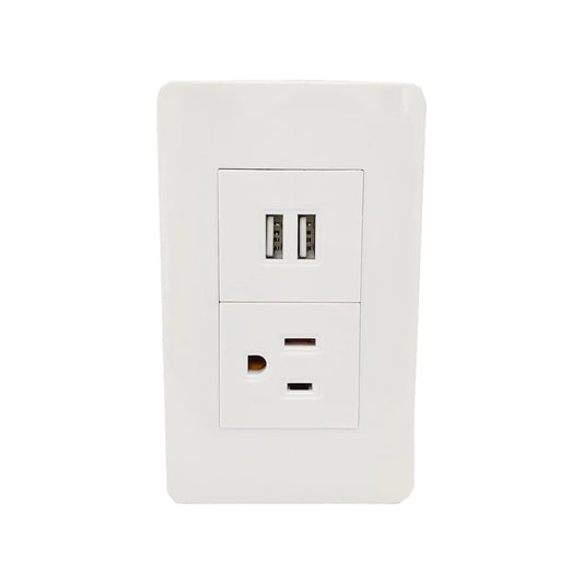 Placa de pared blanca con 1 contacto eléctrico y 2 puertos USB para cargar dispositivos electrónicos