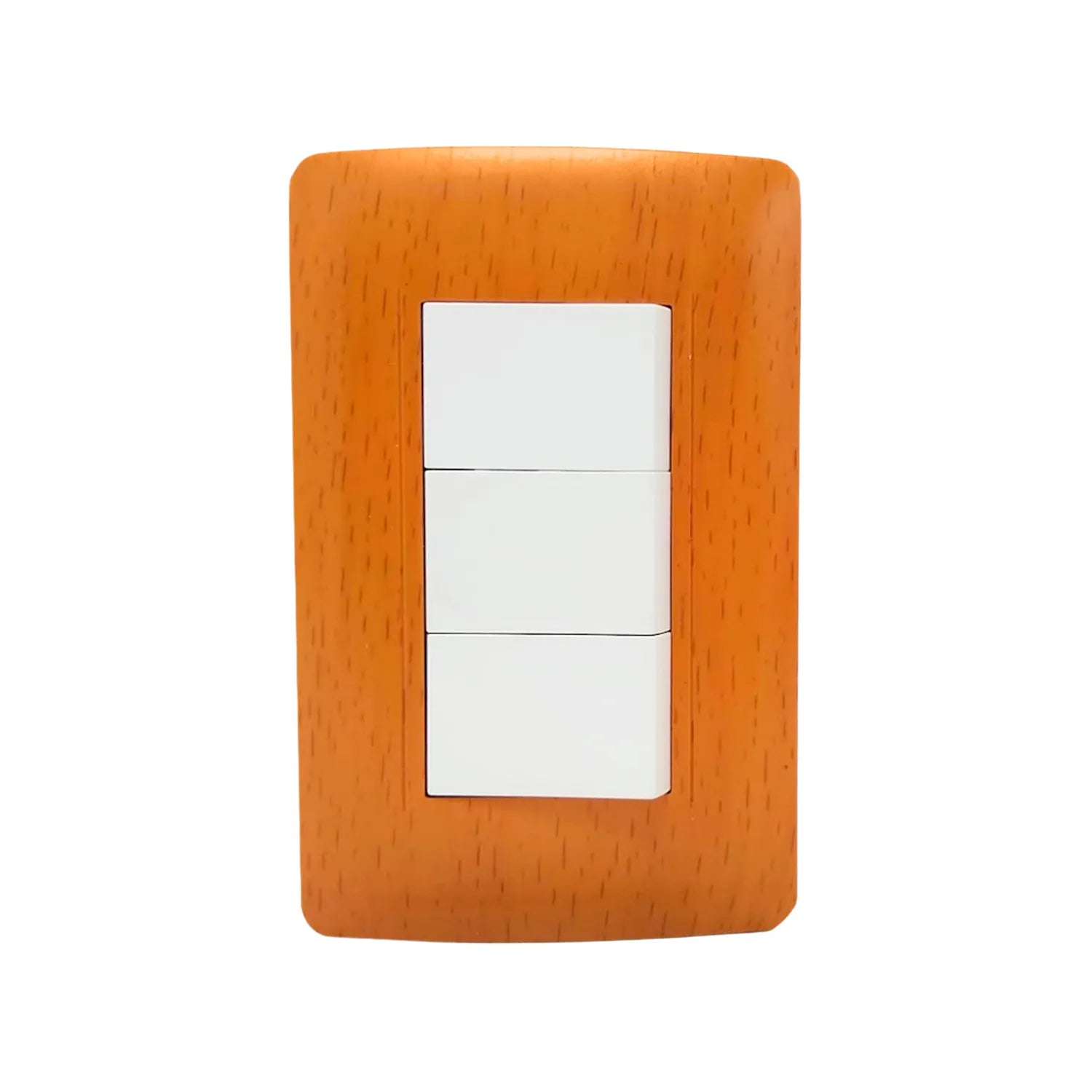 Fabricada de plástico ABS,Placa de 3 apagadores acabado blanco.,127 V - 10 A - 60Hz,Incluye tornillos.,Línea Wooden toscana de lujo.,NOM-003-SCFI-VIGENTE.