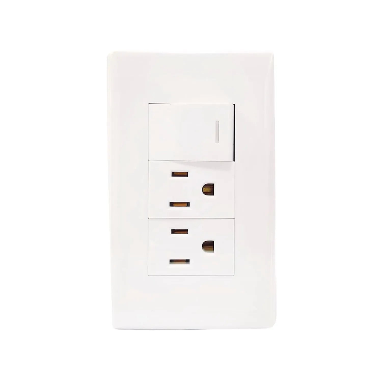 Placa de pared blanca con 1 apagador y 2 contactos eléctricos dúplex