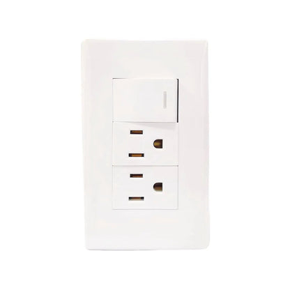 Placa de pared blanca con 1 apagador y 2 contactos eléctricos dúplex