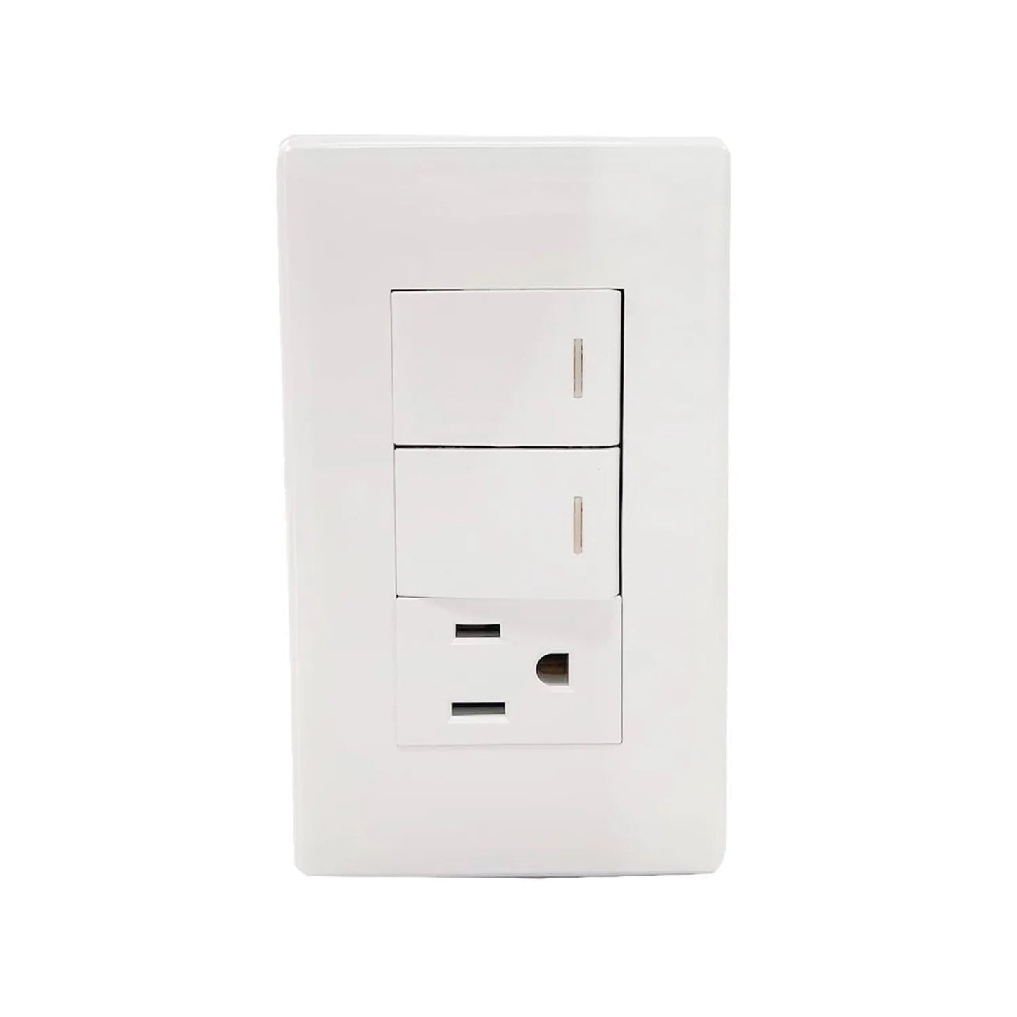 Placa eléctrica blanca con dos apagadores de luz y un contacto polarizado.