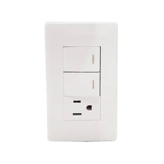 Placa eléctrica blanca con dos apagadores de luz y un contacto polarizado.